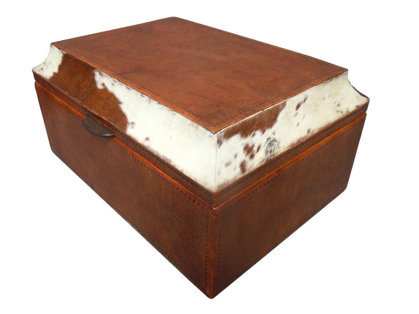 leather box with cowhide real brown and white